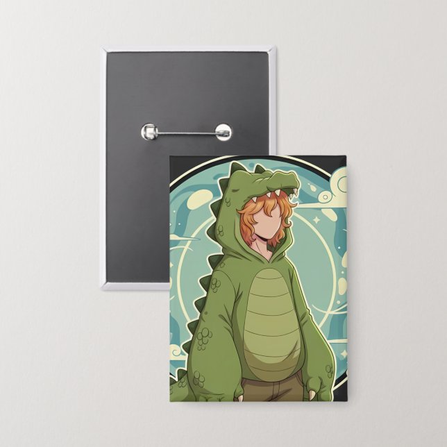 Cute Dino Friend Anime Boy - Green Dinosaur Button (Front/Back)