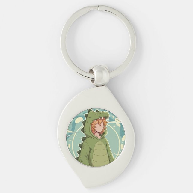 Cute Dino Friend Anime Boy - Green Dinosaur Keychain (Front)