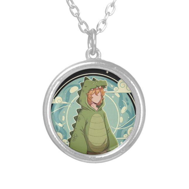 Cute Dino Friend Anime Boy - Green Dinosaur Silver Plated Necklace (Front)