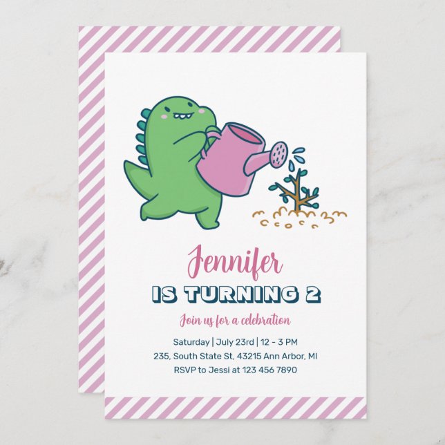 Cute Dino Gardening Kids Dinosaur Birthday Invitation (Front/Back)