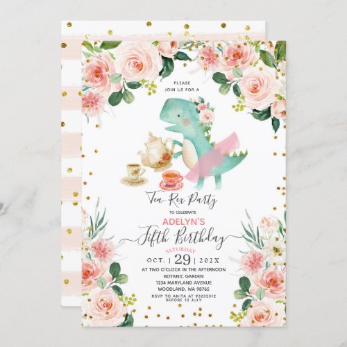 Cute Dino Girl Tea party 5th Birthday Invitation