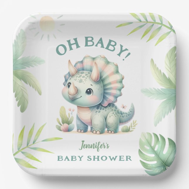 Cute Dino Jungle Triceratops Dinosaur Baby Shower Paper Plates (Front)