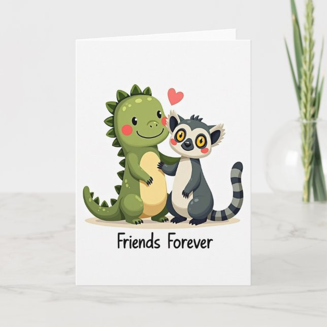 Cute Dino Lemur Friends Forever Card (Front)