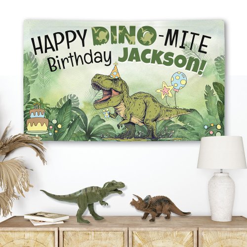 Cute Dino_Mite Kids Name Dinosaur Birthday Party Banner