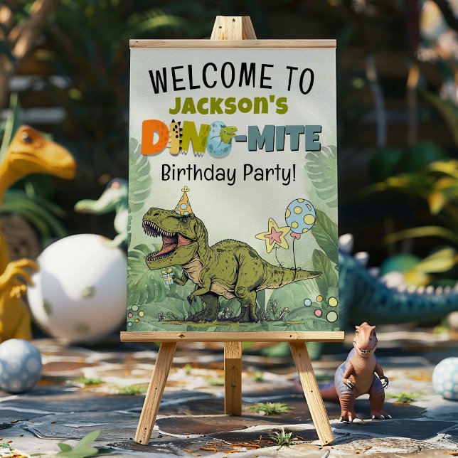 Cute Dino-Mite Kids Name Dinosaur Birthday Party Foam Board (Personalized kid's name dino-mite dinosaur theme Jurassic birthday party welcome foam core sign)