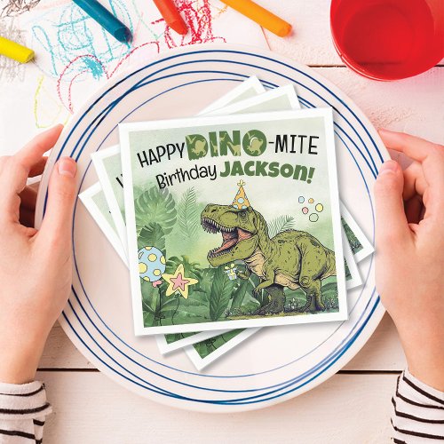 Cute Dino_Mite Kids Name Dinosaur Birthday Party Napkins