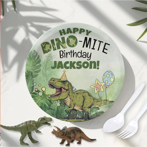 Cute Dino_Mite Kids Name Dinosaur Birthday Party Paper Plates