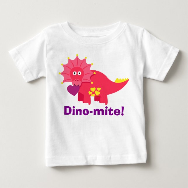 Cute Dino-mite! Red and Purple Dinosaur With Heart Baby T-Shirt (Front)