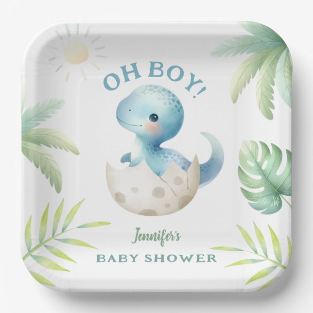 Cute Dino Oh Boy Dinosaur Baby Shower  Paper Plates (Front)