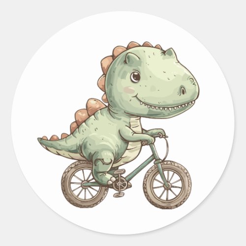 Cute dino on bicycle classic round sticker