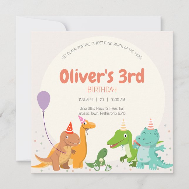 Cute Dino Party 3rd Birthday Invitation (Front)