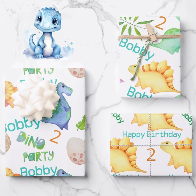 Cute Dino Party Boys Dinosaur Name & Age Wrapping Paper Sheets (Creator Uploaded)
