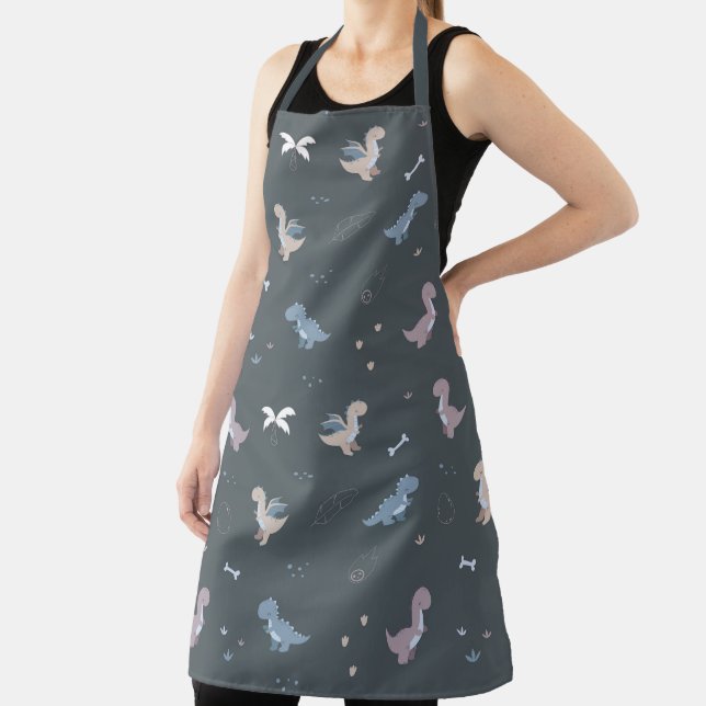 Cute Dino Patern Bluish Gray Apron (Insitu)