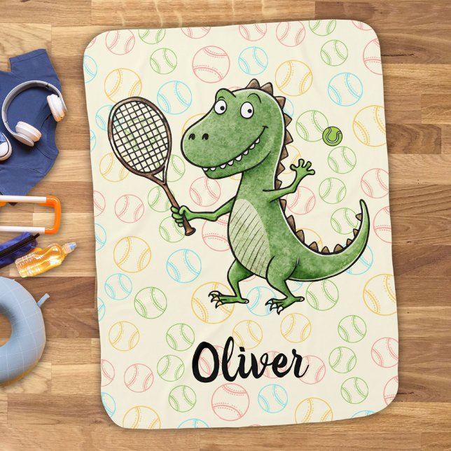 Cute Dino Playing Tennis Personalized Baby Blanket (Creator Uploaded)