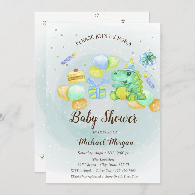 Cute dino Presents,Balloons,Cake Invitation (Front/Back)