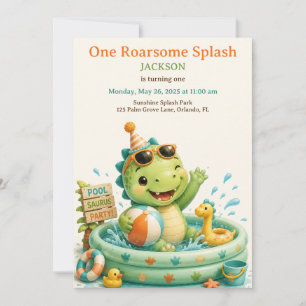 Cute Dino Splash Pool Party First Birthday Invitation