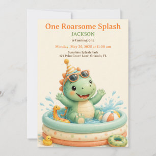 Cute Dino Splash Pool Party First Birthday Invitation