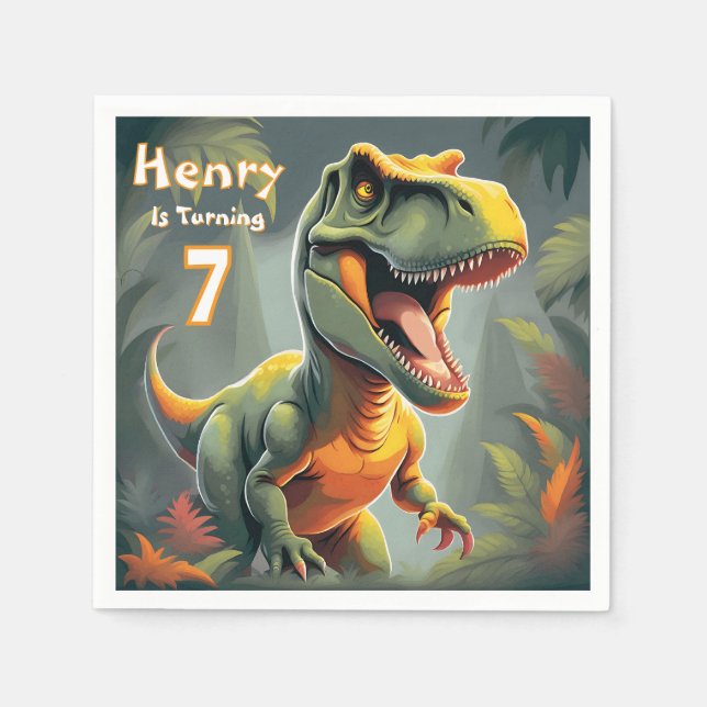 Cute Dino T Rex Birthday Party Paper Napkin (Front)