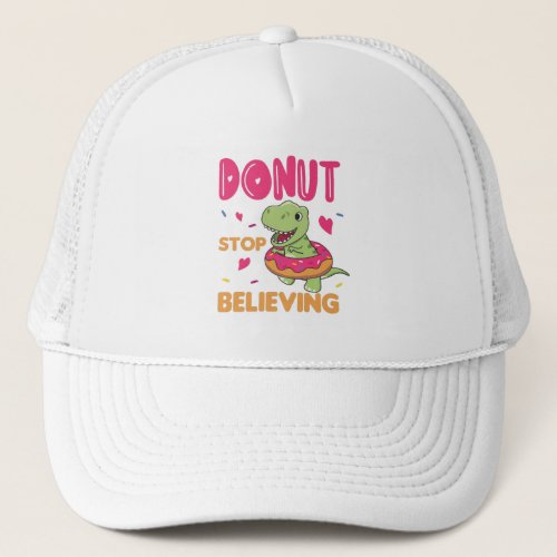 Cute Dino T_Rex Funny Animals In Donut Pun Trucker Trucker Hat