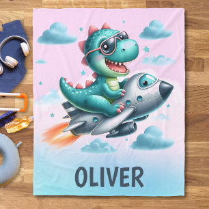 Cute Dino Trex Pilot Flying Jet Aircraft Fleece Blanket