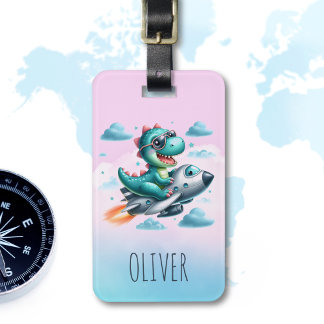 Cute Dino Trex Pilot Flying Jet Aircraft Luggage Tag