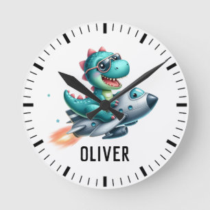 Cute Dino Trex Pilot Flying Jet Aircraft Round Clock