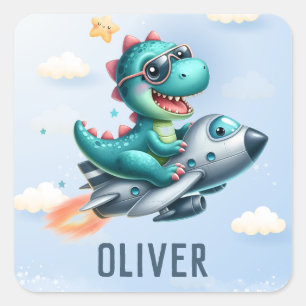 Cute Dino Trex Pilot Flying Jet Aircraft Square Sticker