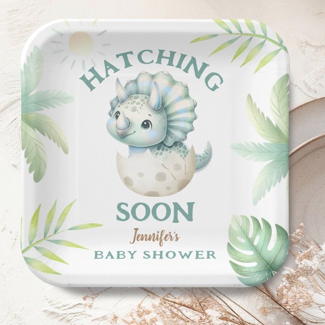 Cute Dino Triceratops Dinosaur Boy Baby Shower Paper Plates (Creator Uploaded)