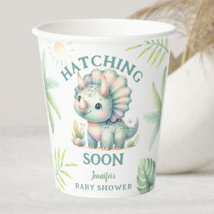 Cute Dino Triceratops Dinosaur Green Baby Shower Paper Cups