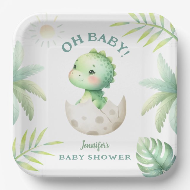 Cute Dino Tropical Dinosaur Baby Shower Paper Plates (Front)