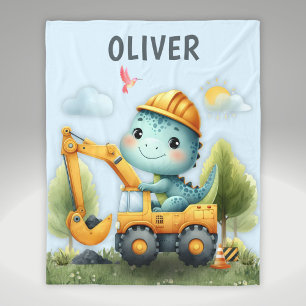 Cute Dino Using Construction Vehicle Watercolor Fleece Blanket