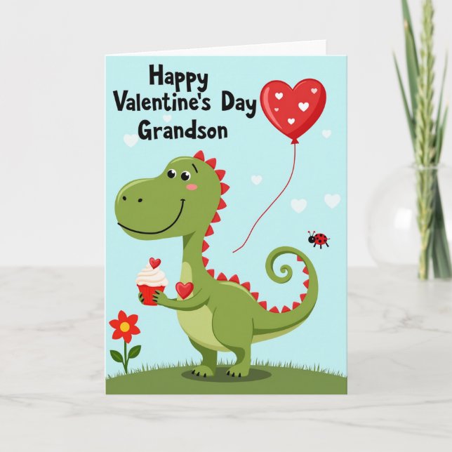 Cute Dino Valentines Grandson Card (Front)