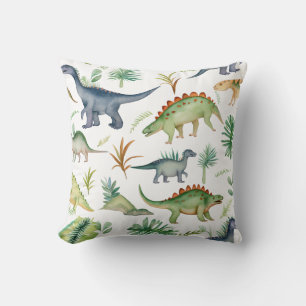 Cute Dino Watercolor Green Pattern Kids Throw Pillow