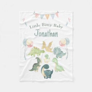 Cute Dino Watercolor Personalized Teal Blue Baby Fleece Blanket