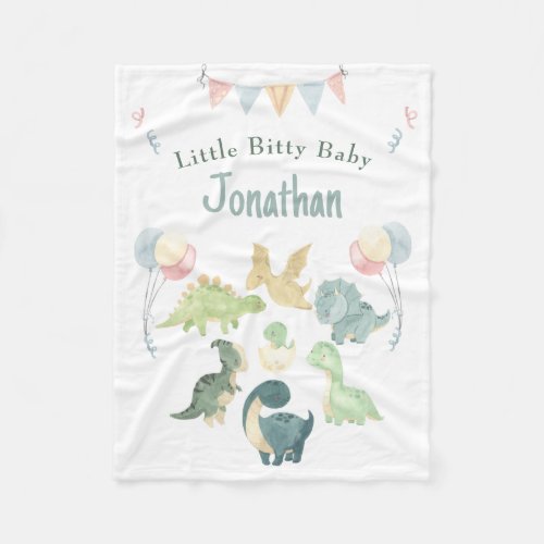 Cute Dino Watercolor Personalized Teal Blue Baby Fleece Blanket