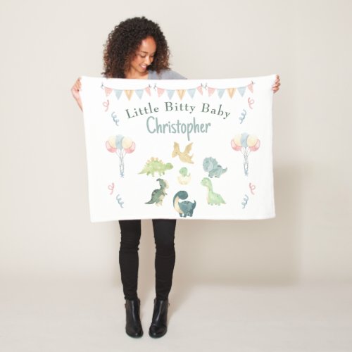 Cute Dino Watercolor Personalized Teal Blue Baby Fleece Blanket