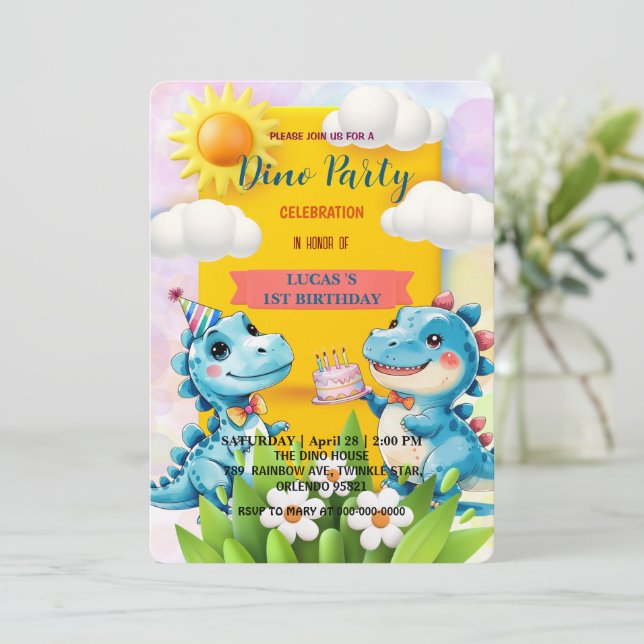 Cute DIno wildflower Dinosaurs 1st Birthday party  Save The Date (Standing Front)