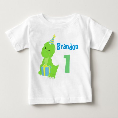 Cute Dinosaur 1st Birthday Blue Green Dino Boy Baby T_Shirt