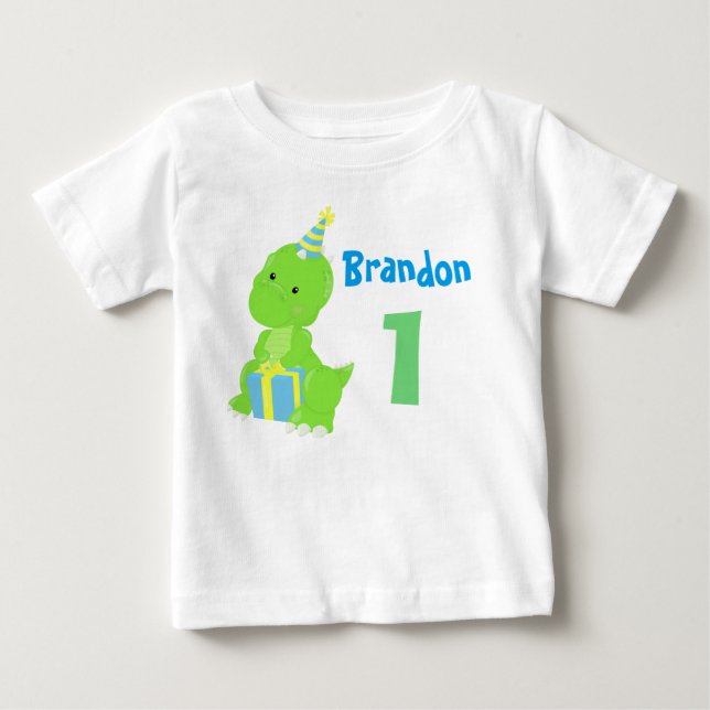 Cute Dinosaur 1st Birthday Blue Green Dino Boy Baby T-Shirt (Front)