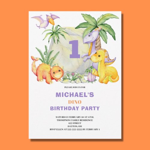 Cute Dinosaur 1st Birthday Invitation