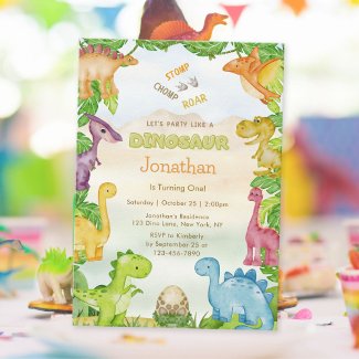 Cute Dinosaur 1st Birthday Invitation