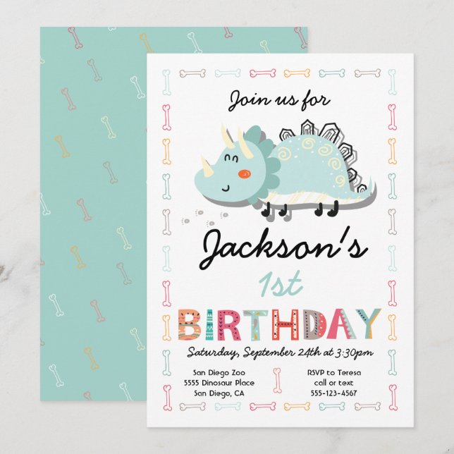 Cute Dinosaur 1st Birthday Party Invitation (Front/Back)