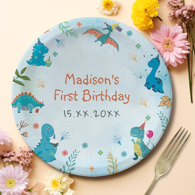 Cute Dinosaur 1st Birthday Party Paper Plates (Creator Uploaded)