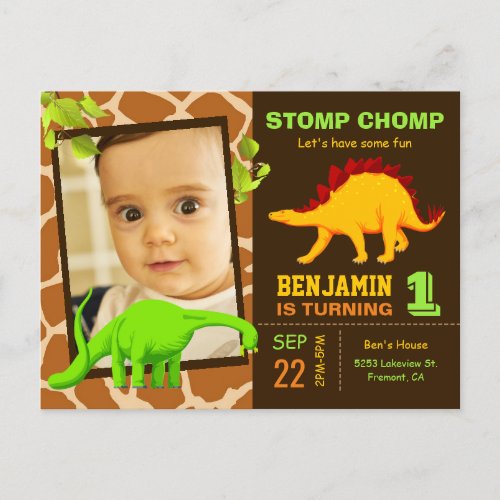 Cute Dinosaur 1st Birthday Party Photo Invitation Postcard