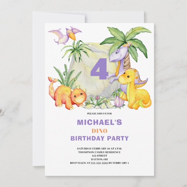 Cute Dinosaur 4th Birthday Invitation (Front)