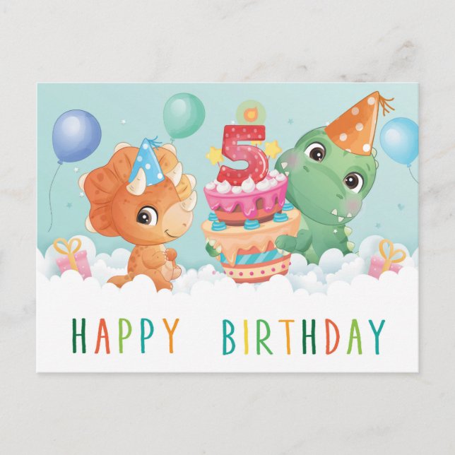 Cute dinosaur 5th birthday card (Front)