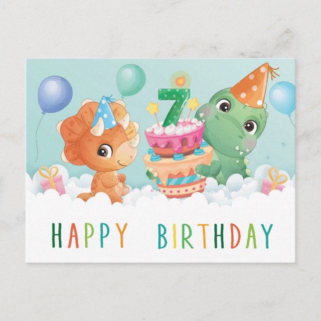 Cute dinosaur 7th birthday card (Front)