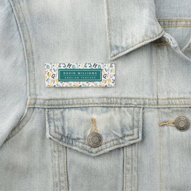 Cute Dinosaur Alphabet Pattern Custom Teacher Name Tag (In Situ)