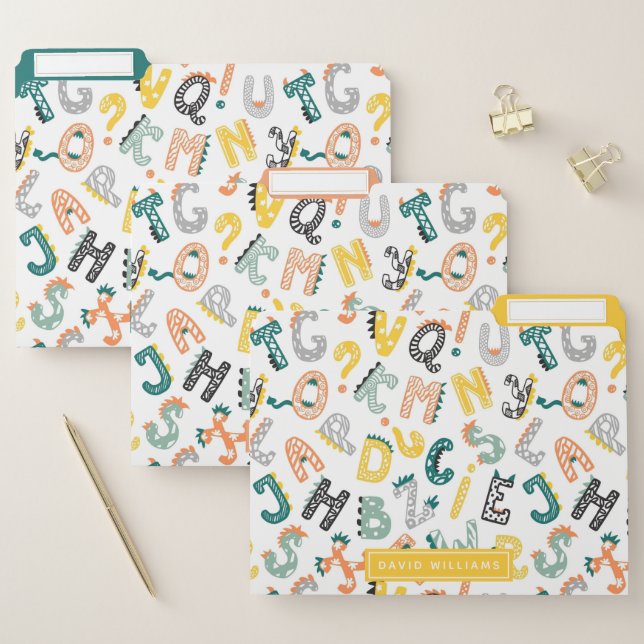 Cute Dinosaur Alphabet Pattern Kids Custom Name File Folder (Set)