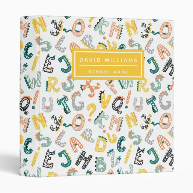 Cute Dinosaur Alphabet Pattern Kids School 3 Ring Binder (Front/Spine)